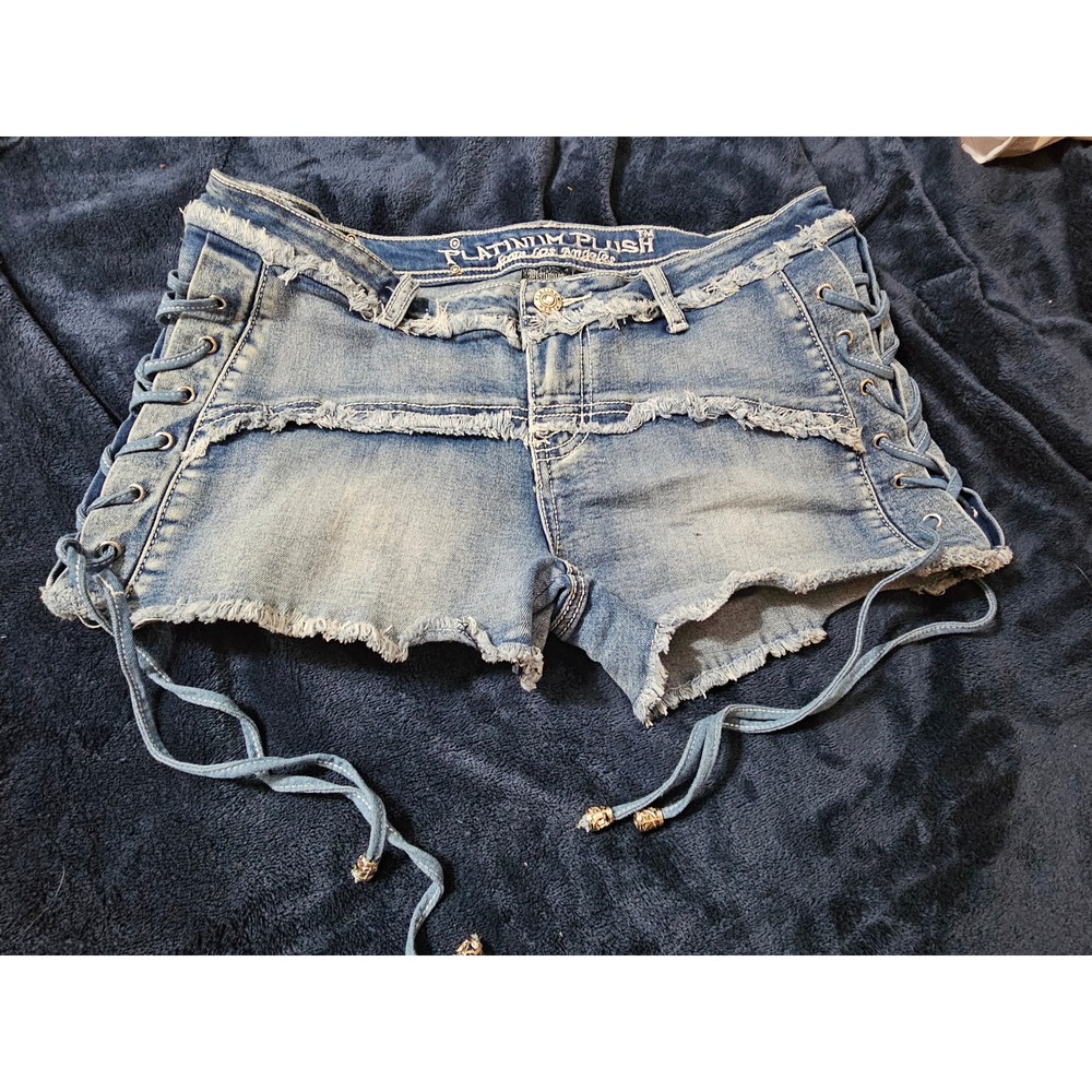 Platinum Plush LA Denim Shorts XL Blue Lace Up Side Skull Rhinestone Y2K
